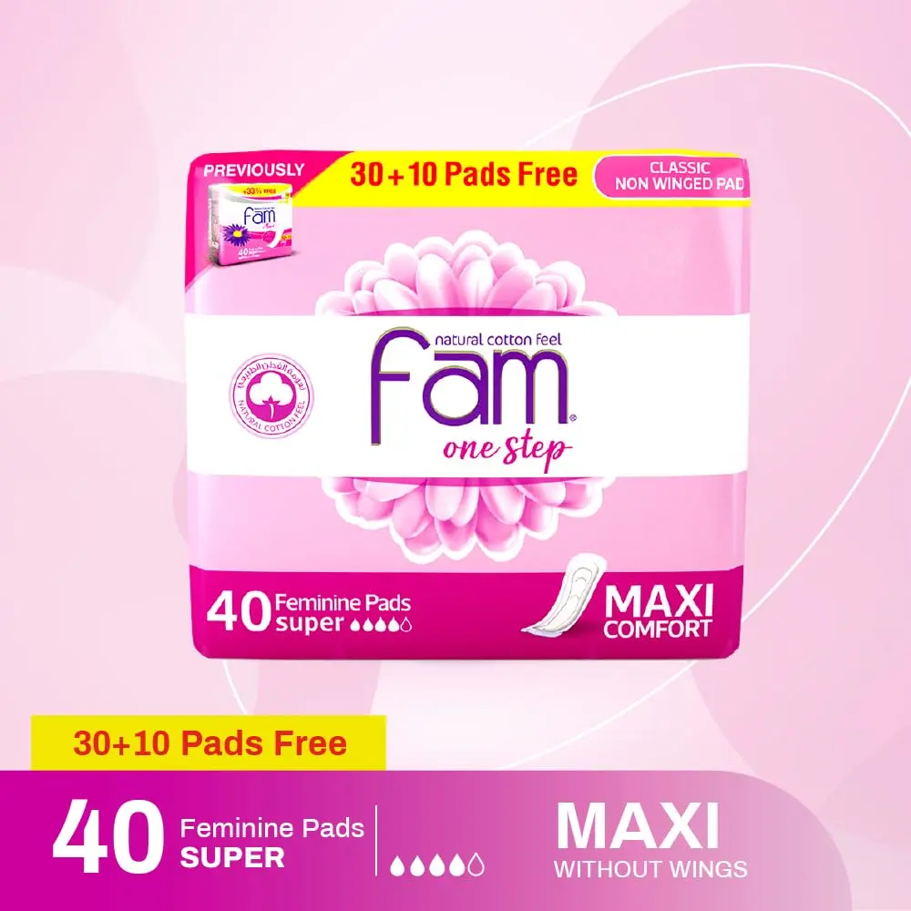 Fam One Step maxi thick super sanitary pads with a natural cotton feel, high absorbency, and a soft top sheet to protect against irritation, offering soft, flexible, and leak-proof all-day protection.