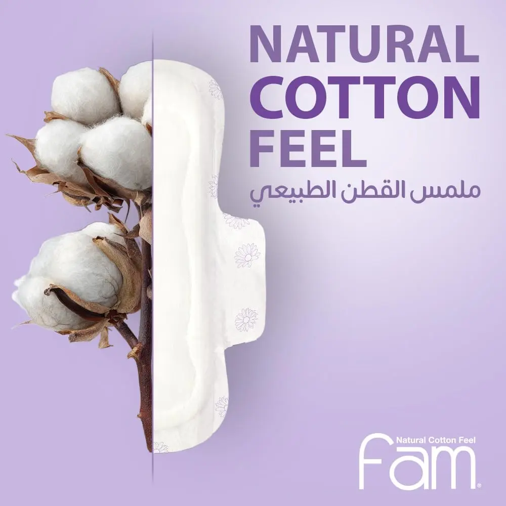 Fam Natural Cotton Feel Maxi Pads with wings, providing high absorbency and all-day leak prevention, made with a soft top sheet to protect sensitive skin from irritation.