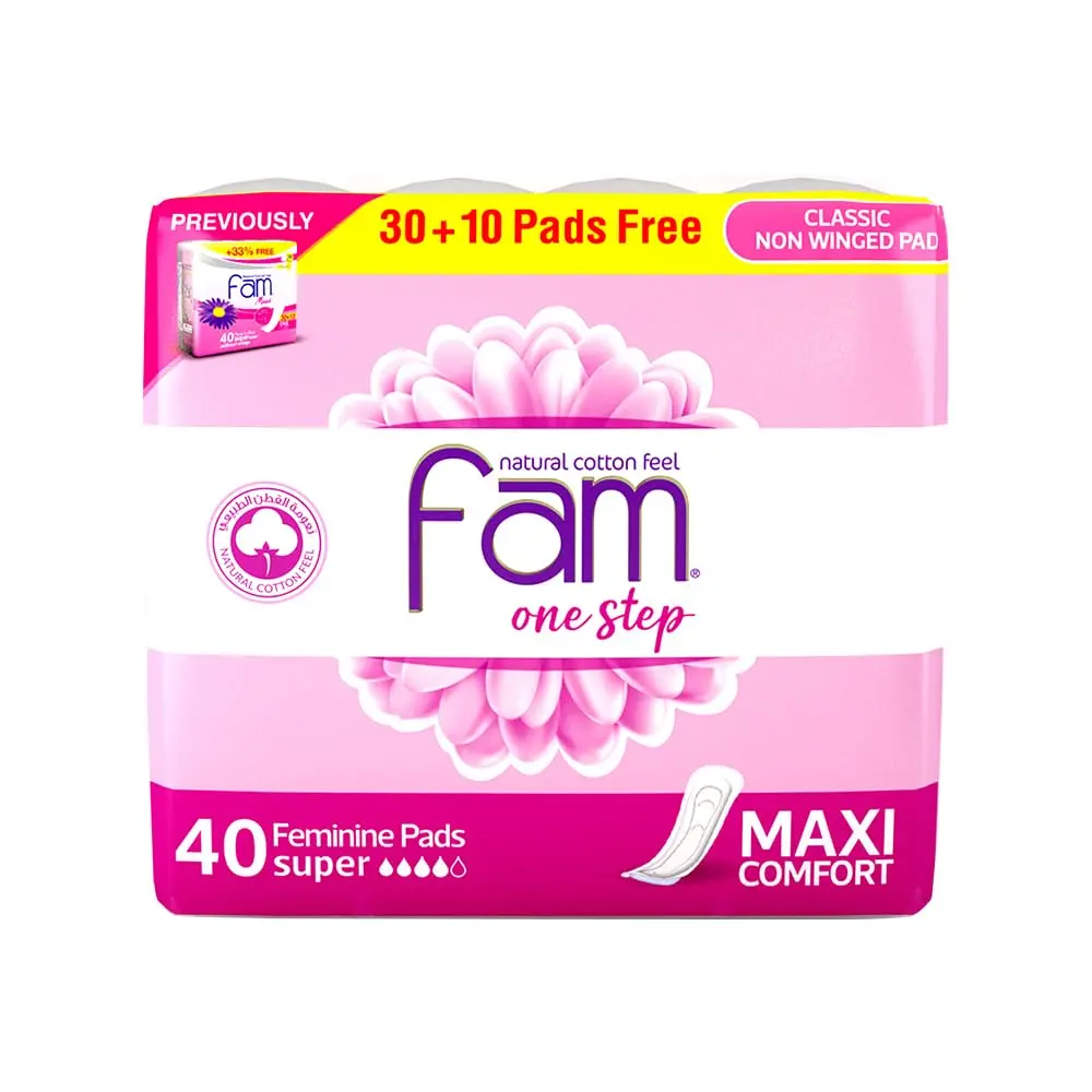 Fam One Step maxi thick super sanitary pads with a natural cotton feel, high absorbency, and a soft top sheet to protect against irritation, offering soft, flexible, and leak-proof all-day protection.
