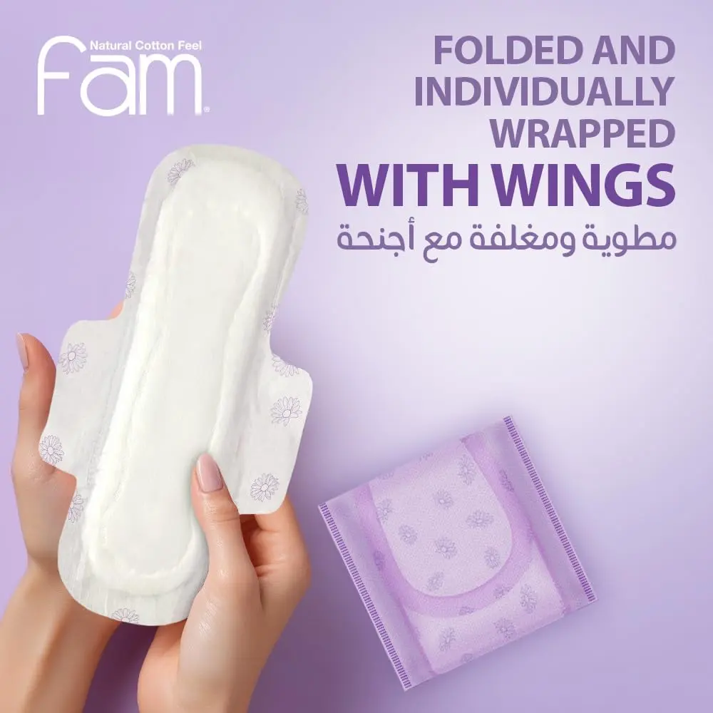 Fam Natural Cotton Feel Maxi Pads with wings, providing high absorbency and all-day leak prevention, made with a soft top sheet to protect sensitive skin from irritation.