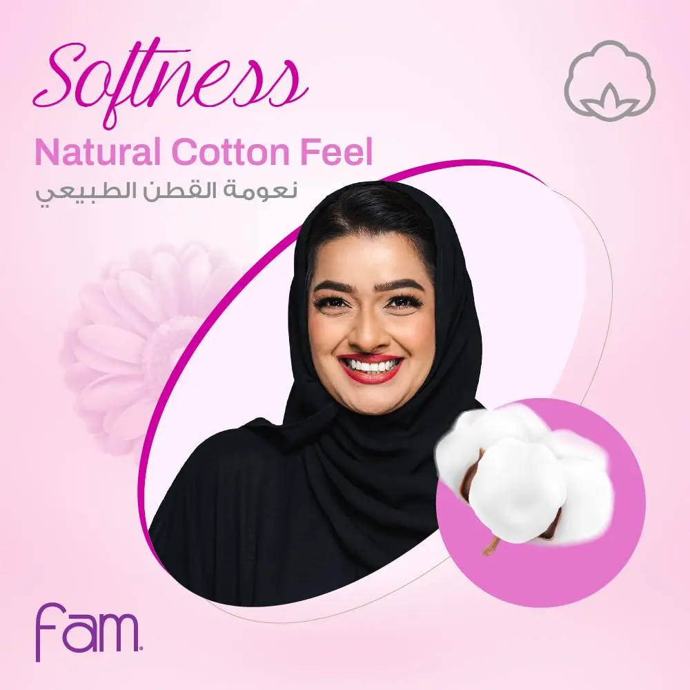 Fam One Step maxi thick super sanitary pads with a natural cotton feel, high absorbency, and a soft top sheet to protect against irritation, offering soft, flexible, and leak-proof all-day protection.