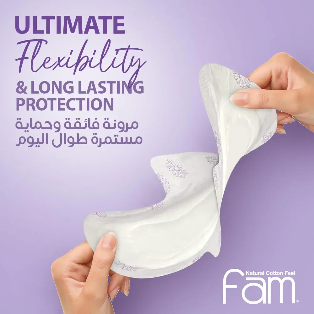 Fam Natural Cotton Feel Maxi Pads with wings, providing high absorbency and all-day leak prevention, made with a soft top sheet to protect sensitive skin from irritation.