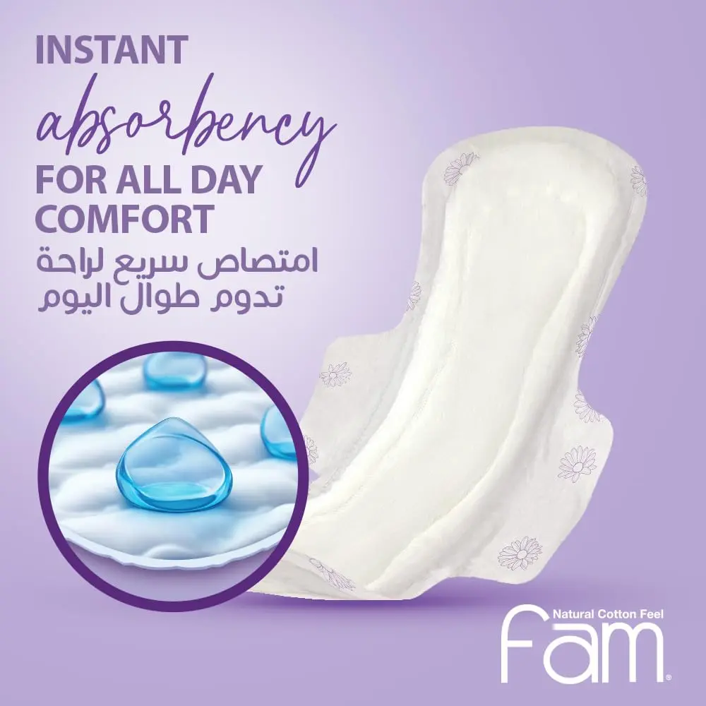 Fam Natural Cotton Feel Maxi Pads with wings, providing high absorbency and all-day leak prevention, made with a soft top sheet to protect sensitive skin from irritation.