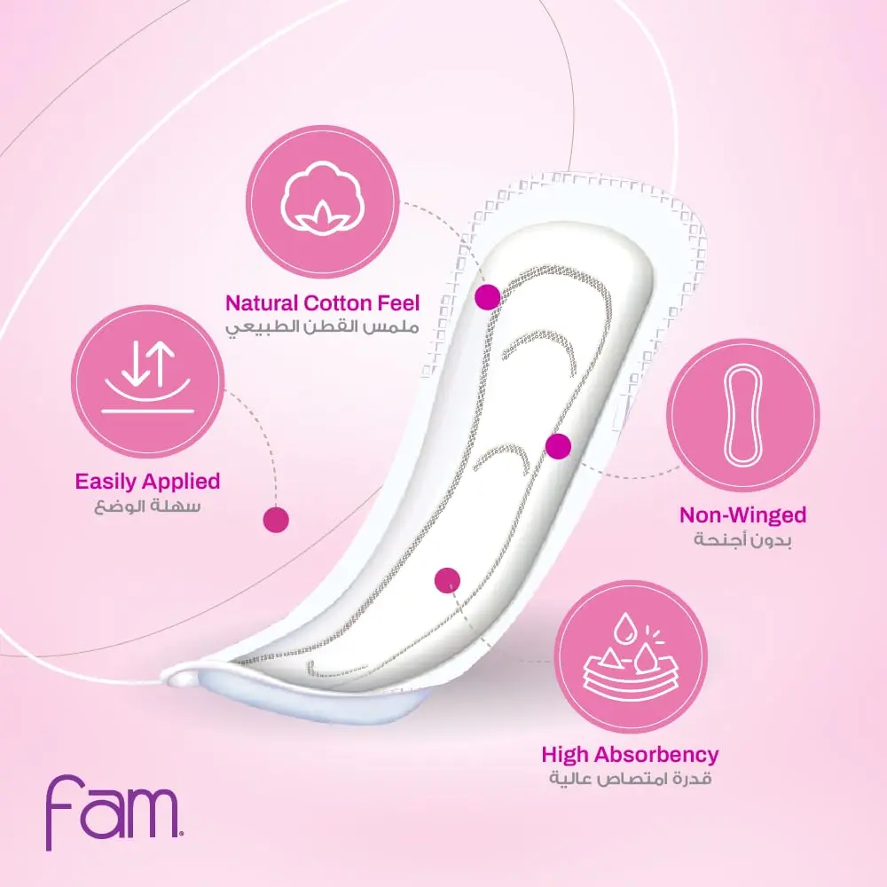 Fam One Step maxi thick super sanitary pads with a natural cotton feel, high absorbency, and a soft top sheet to protect against irritation, offering soft, flexible, and leak-proof all-day protection.