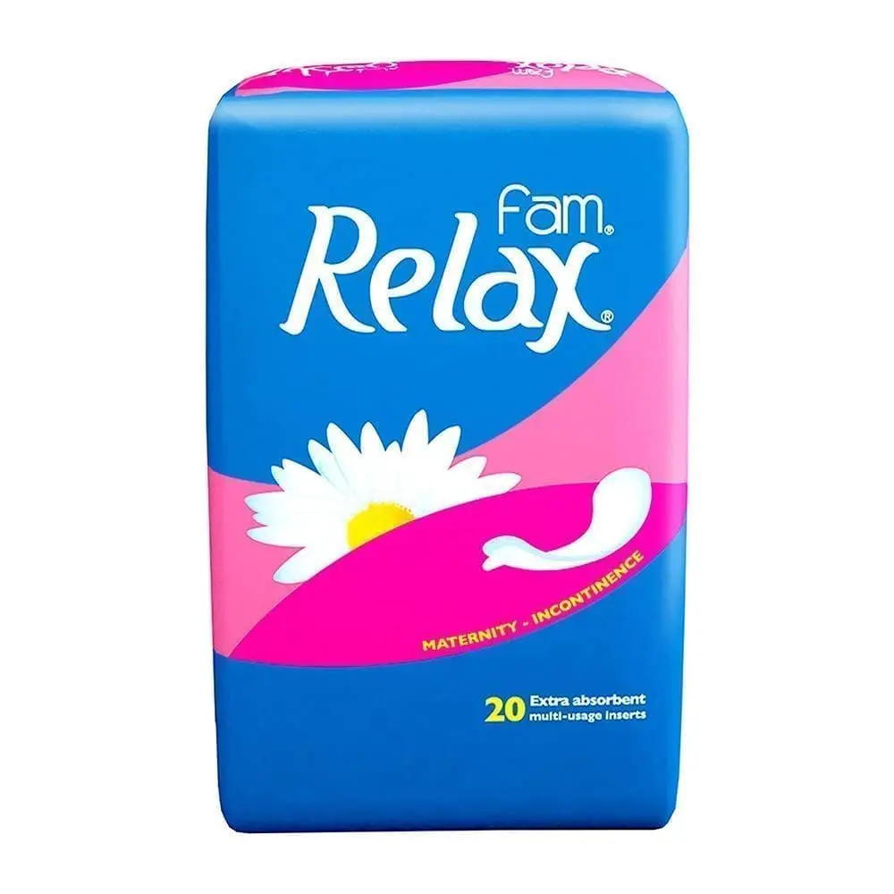 Fam Relax maternity sanitary pads with a soft, natural cotton feel and extra absorbent core to prevent leakage for all-day comfort.