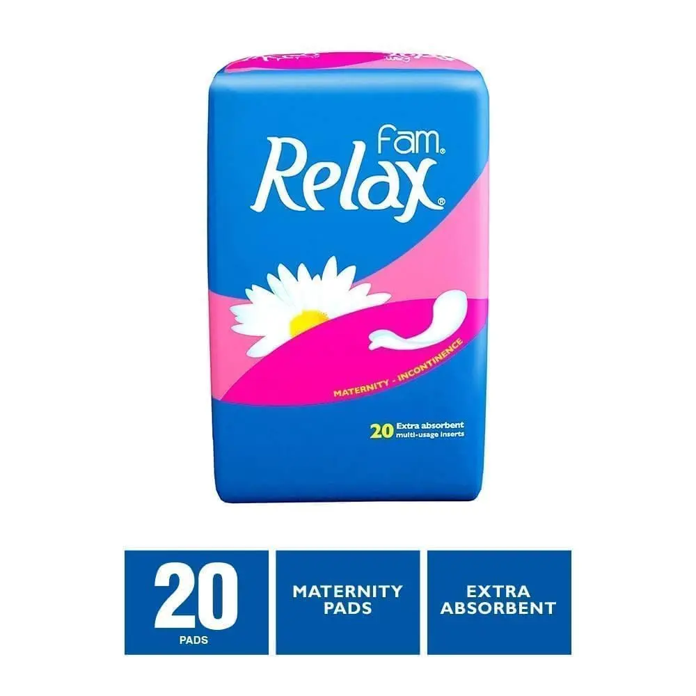 Fam Relax maternity sanitary pads with a soft, natural cotton feel and extra absorbent core to prevent leakage for all-day comfort.