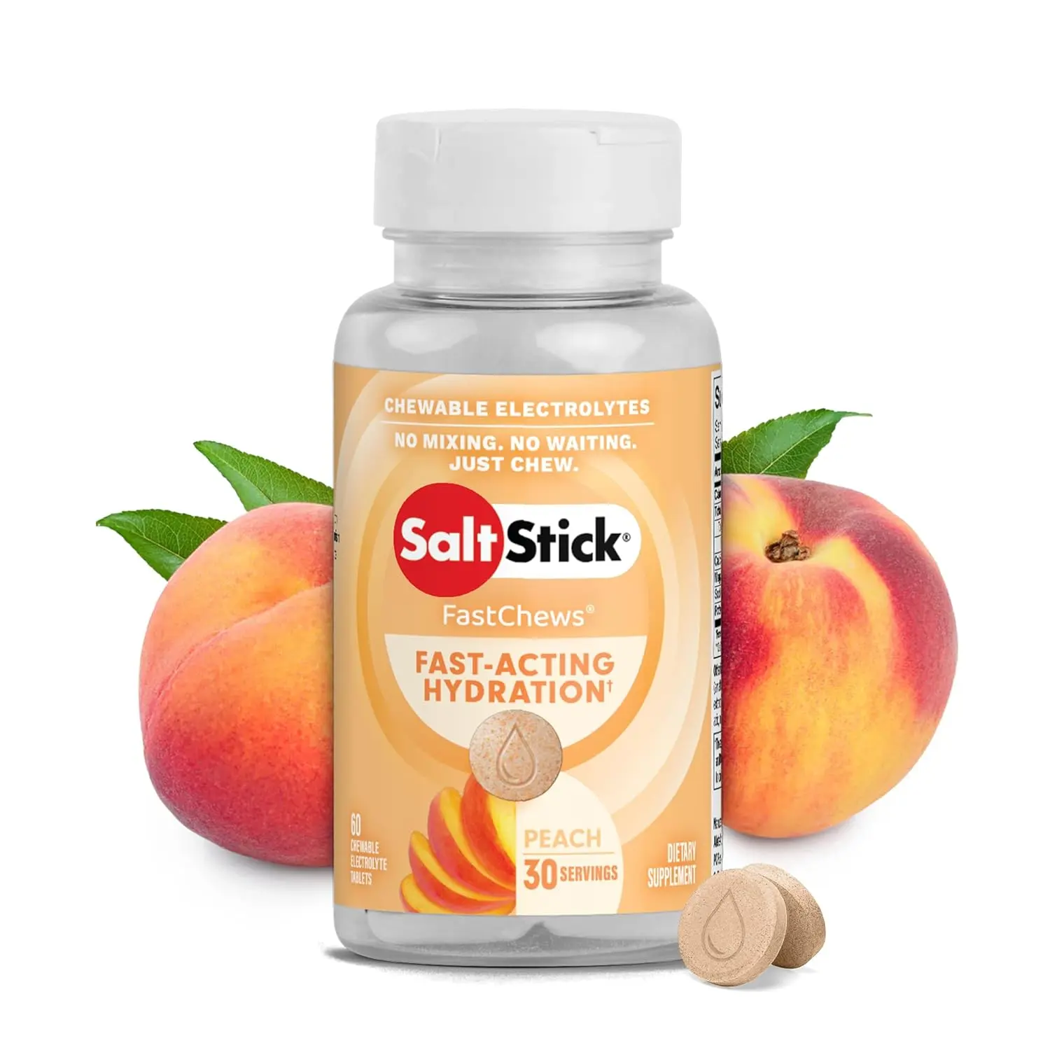 This image shows Fast Chews Peach, a sports supplement designed for hydration, anti-cramp support, and salt replenishment during cycling and other sports activities.