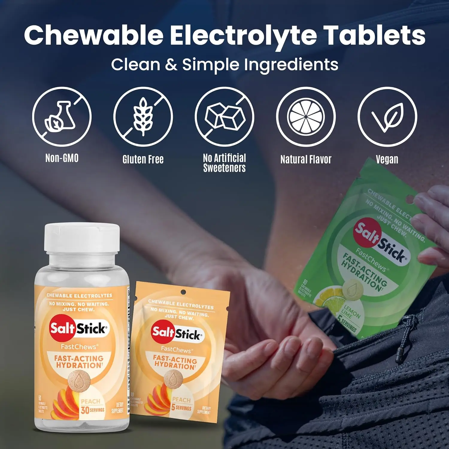 This image shows Fast Chews Peach, a sports supplement designed for hydration, anti-cramp support, and salt replenishment during cycling and other sports activities.