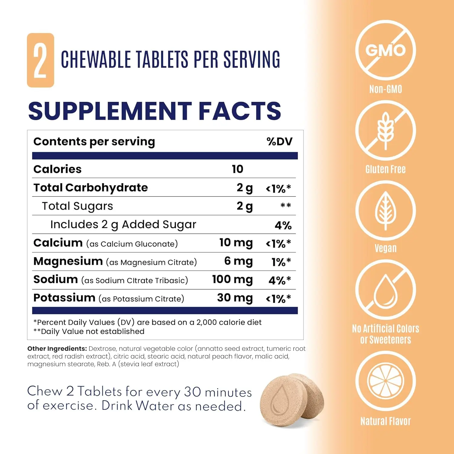 This image shows Fast Chews Peach, a sports supplement designed for hydration, anti-cramp support, and salt replenishment during cycling and other sports activities.