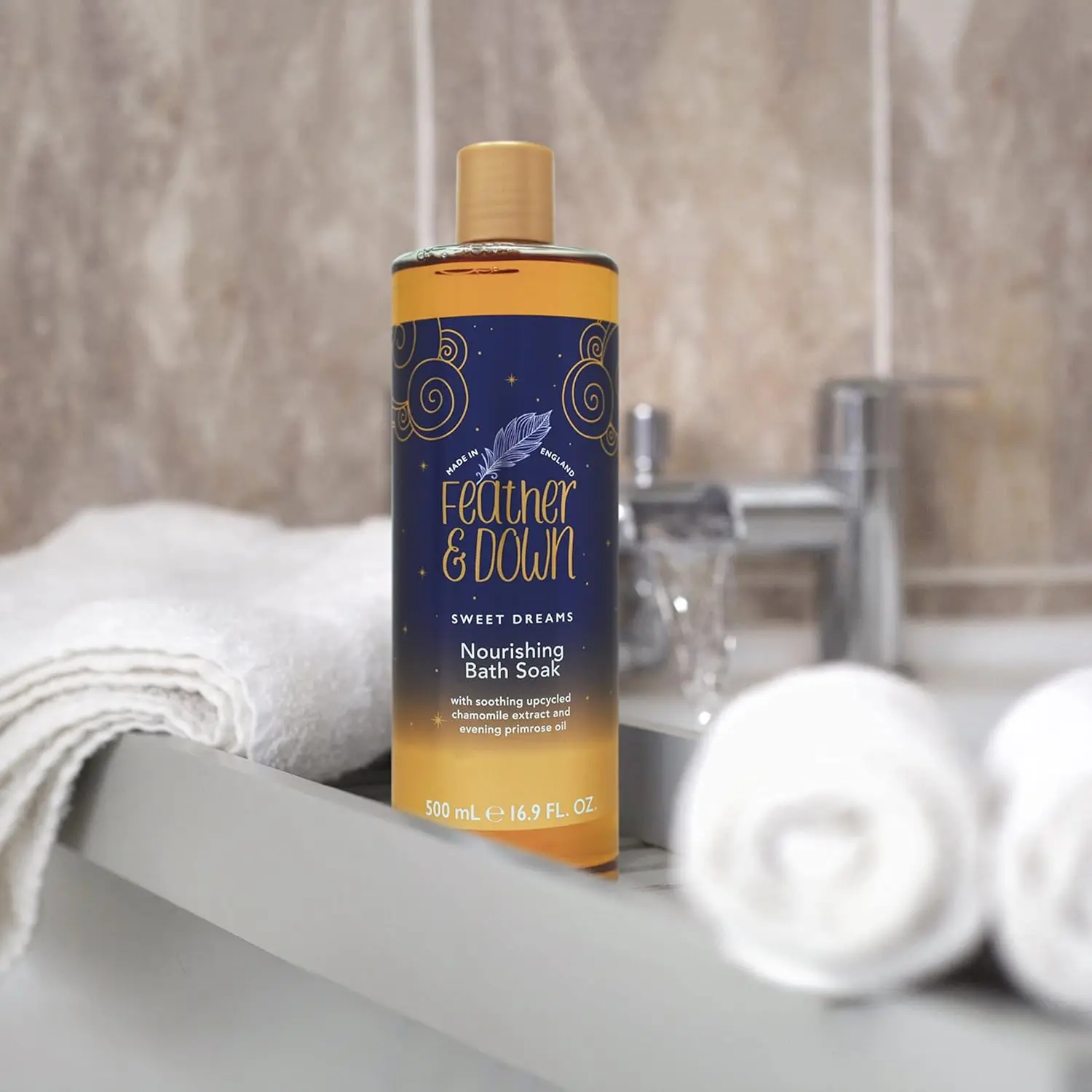 Feather & Down Nourishing Bath Soak with chamomile and evening primrose oil to nourish the body and promote relaxation for a restful sleep.