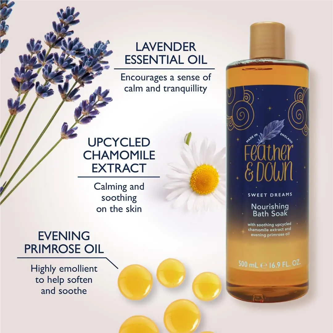 Feather & Down Nourishing Bath Soak with chamomile and evening primrose oil to nourish the body and promote relaxation for a restful sleep.