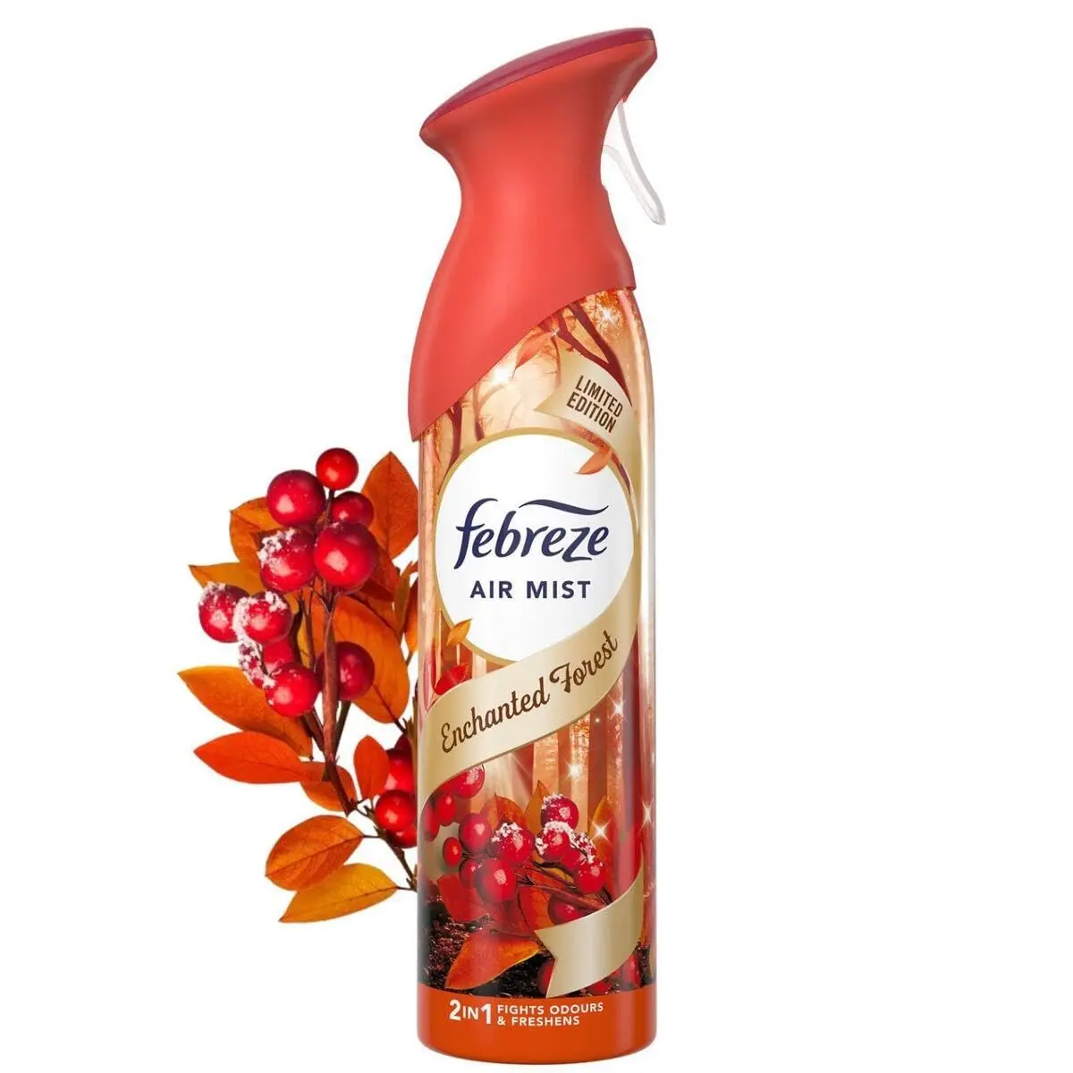 A bottle of Febreze Enchanted Forest air freshener mist, providing a refreshing scent in a 185ml size.