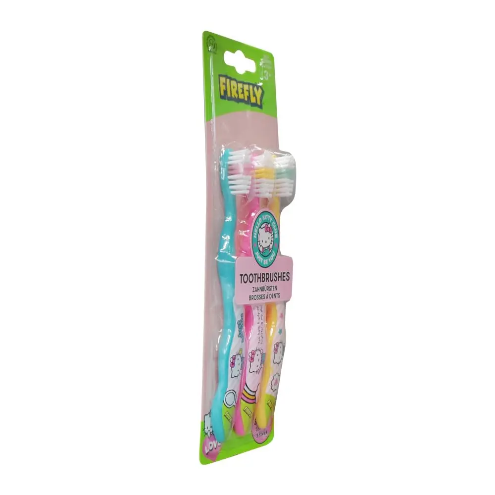 This is a 3-pack of Firefly kids' toothbrushes with soft bristles for gentle cleaning.