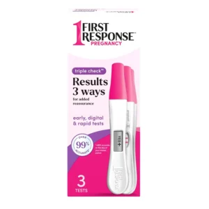 Three First Response pregnancy tests: Early Result, Digital, and Rapid Result for triple checking and added reassurance.