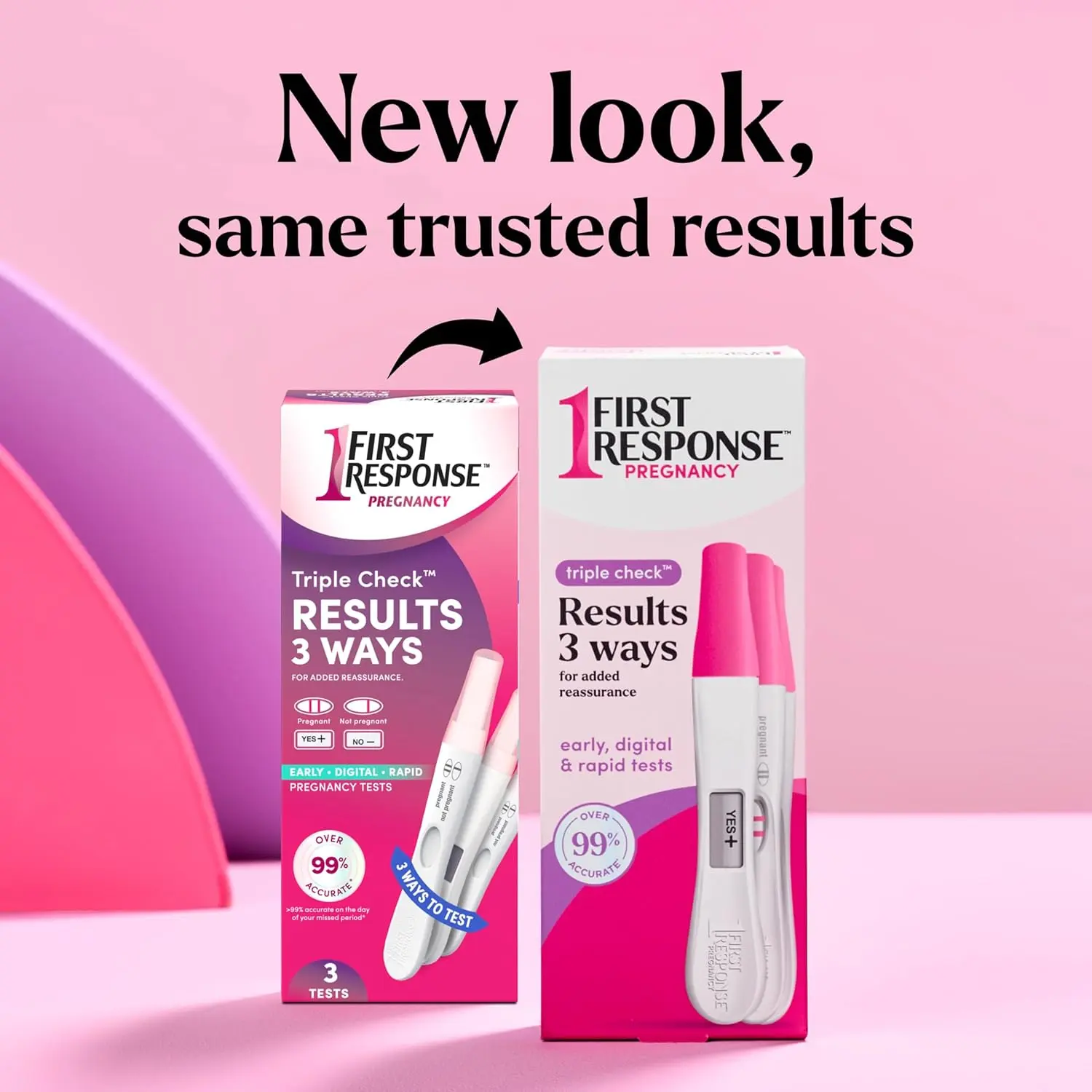 Three First Response pregnancy tests: Early Result, Digital, and Rapid Result for triple checking and added reassurance.