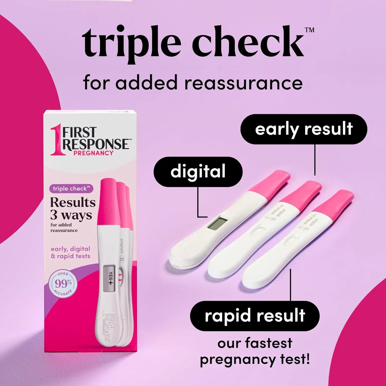 Three First Response pregnancy tests: Early Result, Digital, and Rapid Result for triple checking and added reassurance.