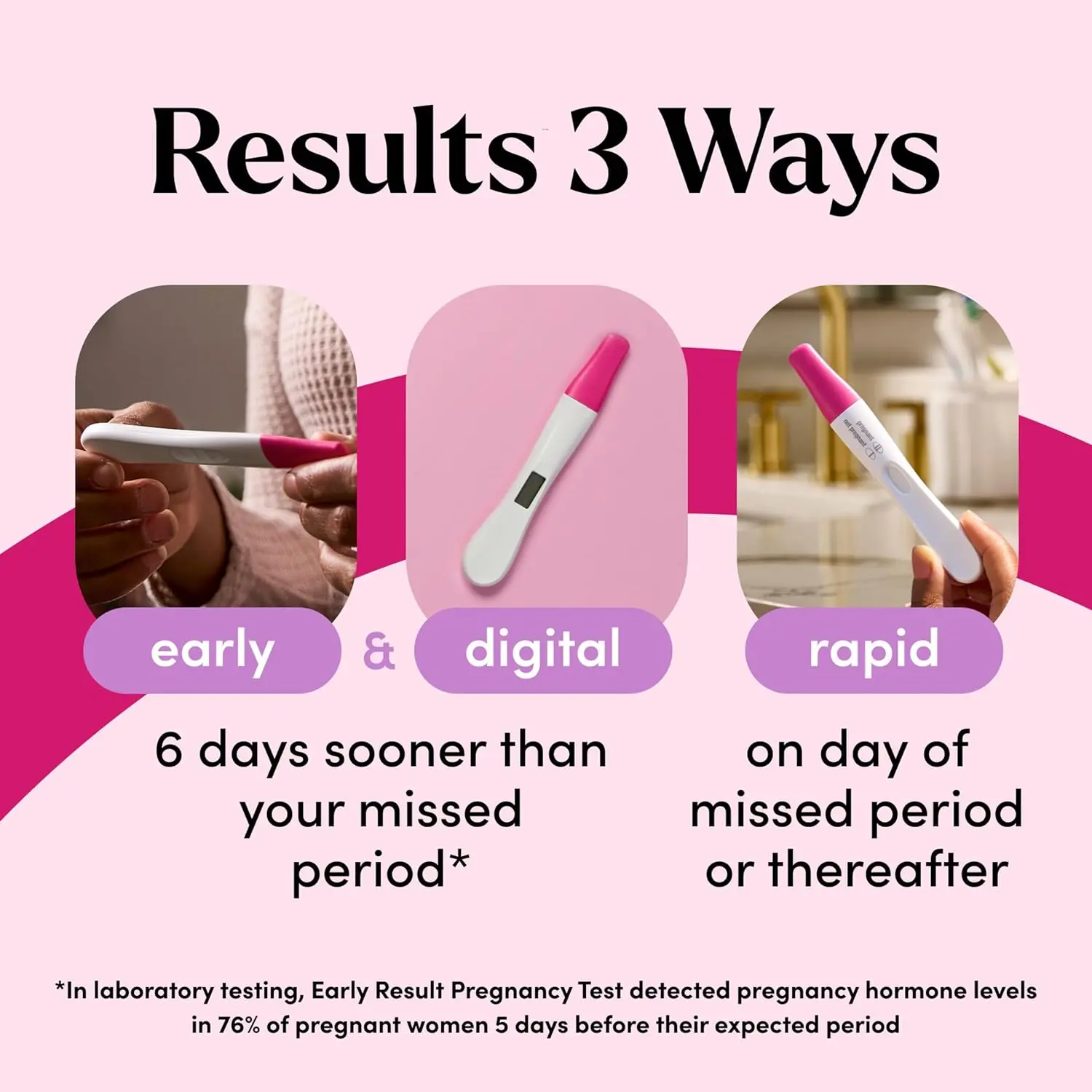 Three First Response pregnancy tests: Early Result, Digital, and Rapid Result for triple checking and added reassurance.