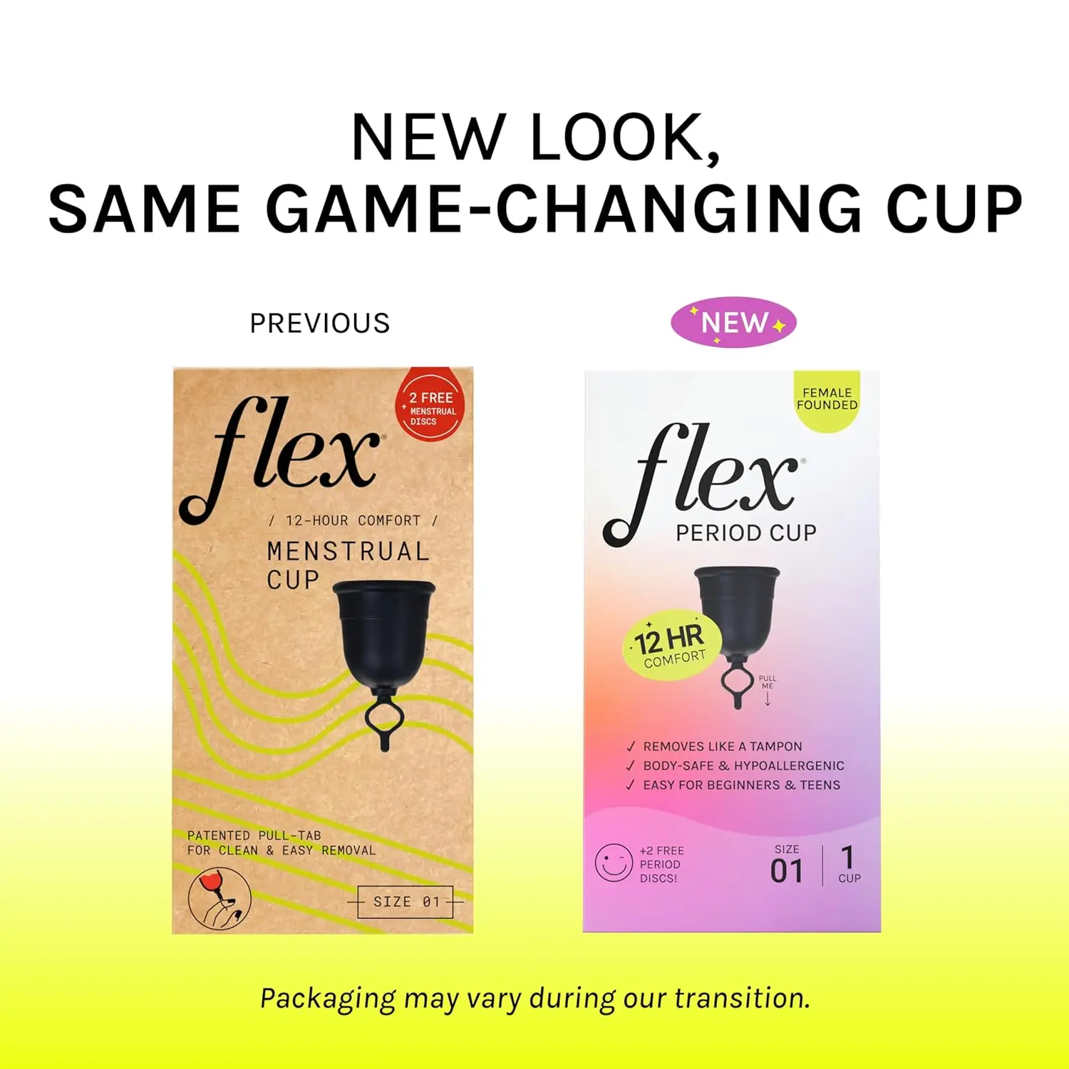 This image shows the FLEX small menstrual cup and disposable discs set, hygienically packaged and formulated with care, offering a host of goodness for comfortable period protection.
