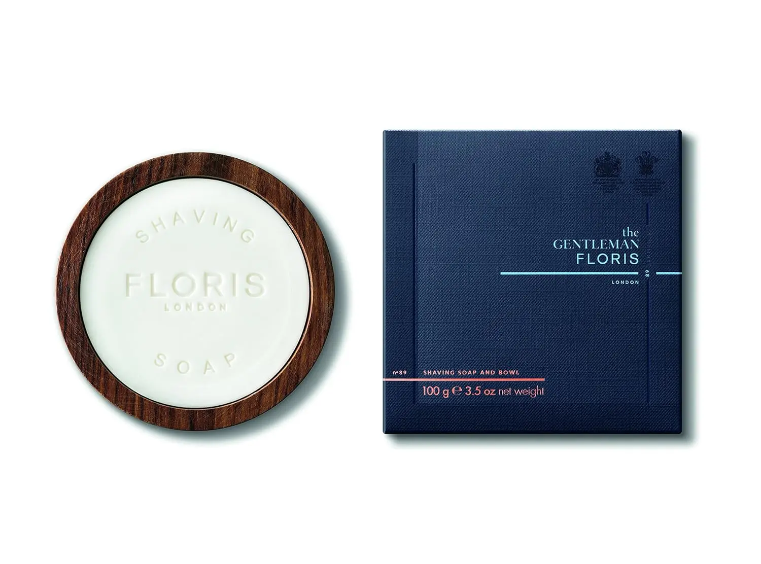 Floris London No.89 shaving soap in a wooden bowl, featuring woody aromas and shea butter for a close, smooth shave.