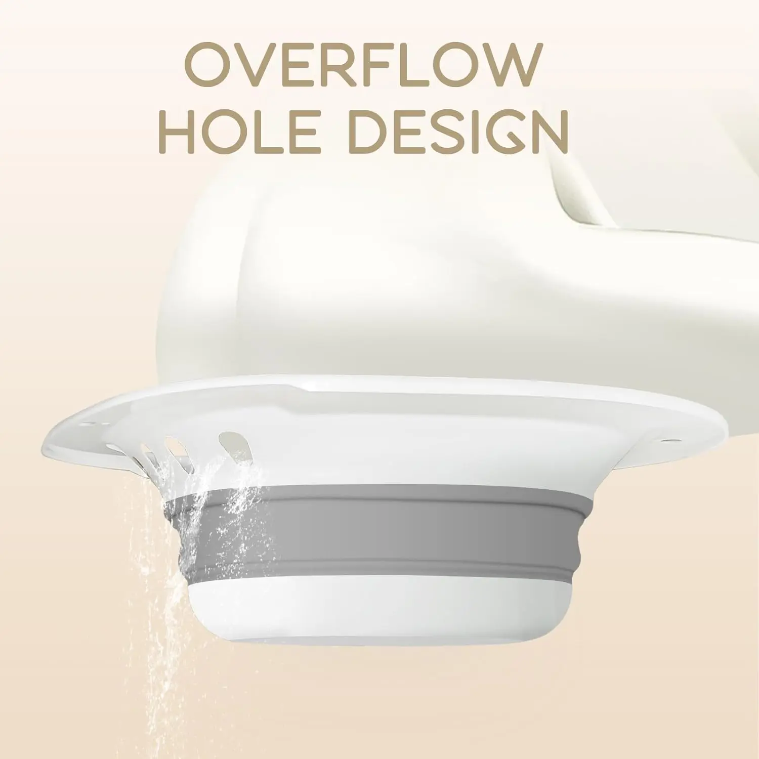 Gray foldable sitz bath basin placed on a toilet, designed for hemorrhoid treatment, postpartum recovery, and use by pregnant women and the elderly, featuring anti-overflow holes and a space-saving design.