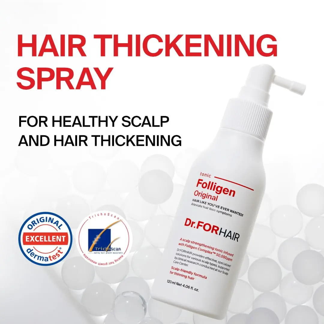 Dr.ForHair Folligen Tonic is a hair growth spray formulated with Folligen Complex to nourish the scalp, strengthen hair follicles, and promote healthy hair.