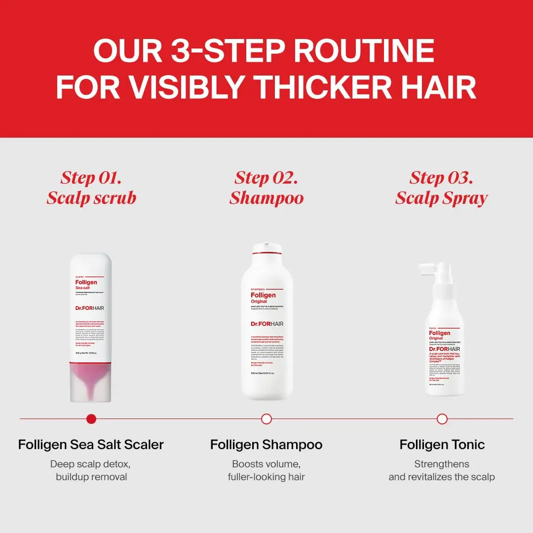 Dr.ForHair Folligen Tonic is a hair growth spray formulated with Folligen Complex to nourish the scalp, strengthen hair follicles, and promote healthy hair.