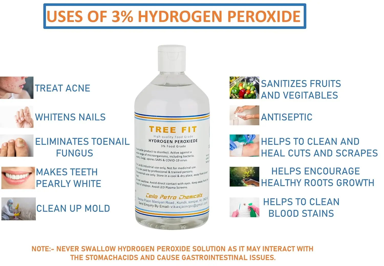 This pack of four 250ml bottles contains food grade hydrogen peroxide 3% w/w solution, ideal for disinfecting surfaces, deodorizing, modern farming, and home hygiene.
