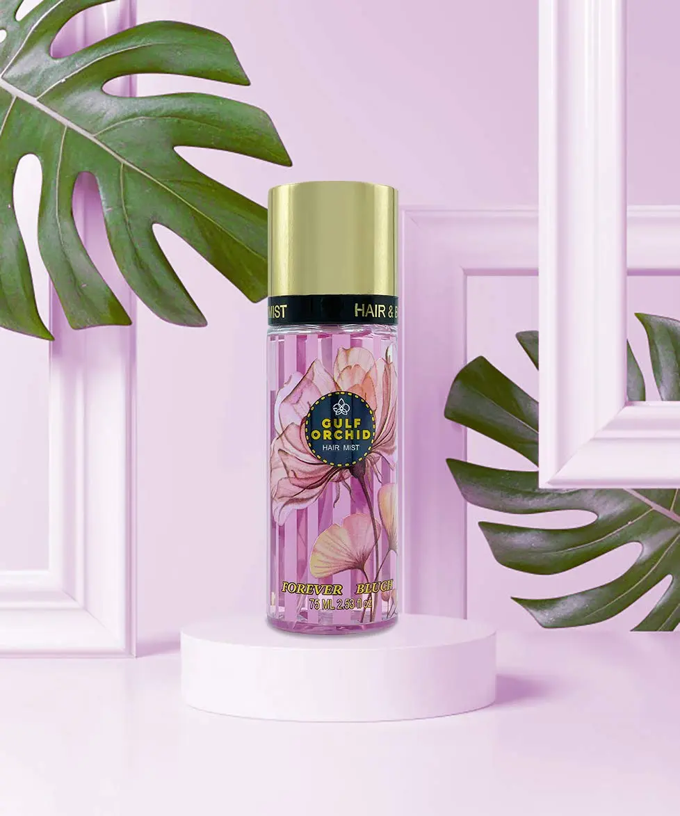 Gulf Orchid Forever Bluch hair perfume with yuzu, pomegranate, peony, lotus, musk, and amber notes in a 75ml bottle.