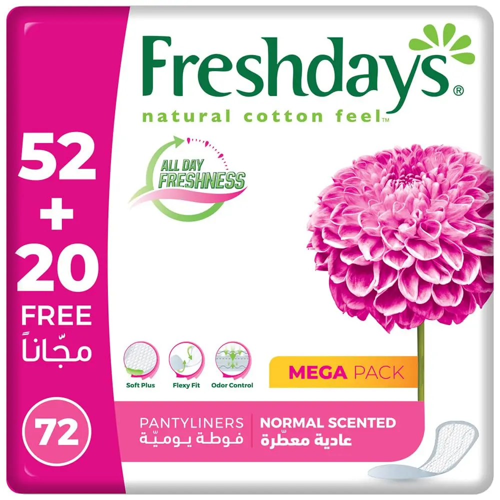 Absorbent Freshdays daily liners keep you feeling fresh and confident with a natural cotton feel and breathable design.