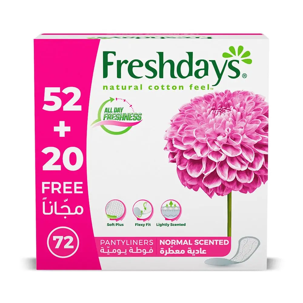Absorbent Freshdays daily liners keep you feeling fresh and confident with a natural cotton feel and breathable design.