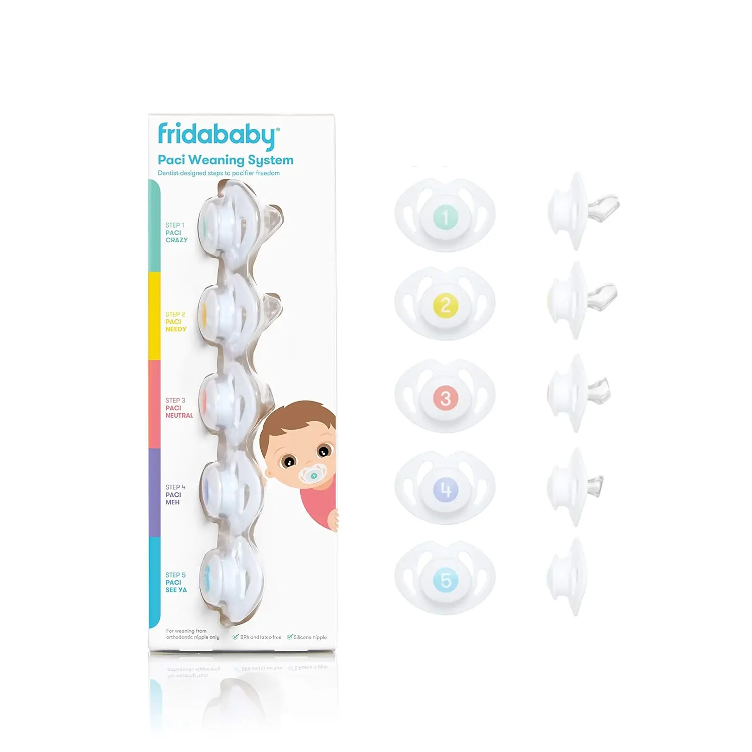 Frida Baby Pacifier Weaning System with a patented 5-step design to gradually reduce sucking satisfaction, invented by a pediatric dentist.