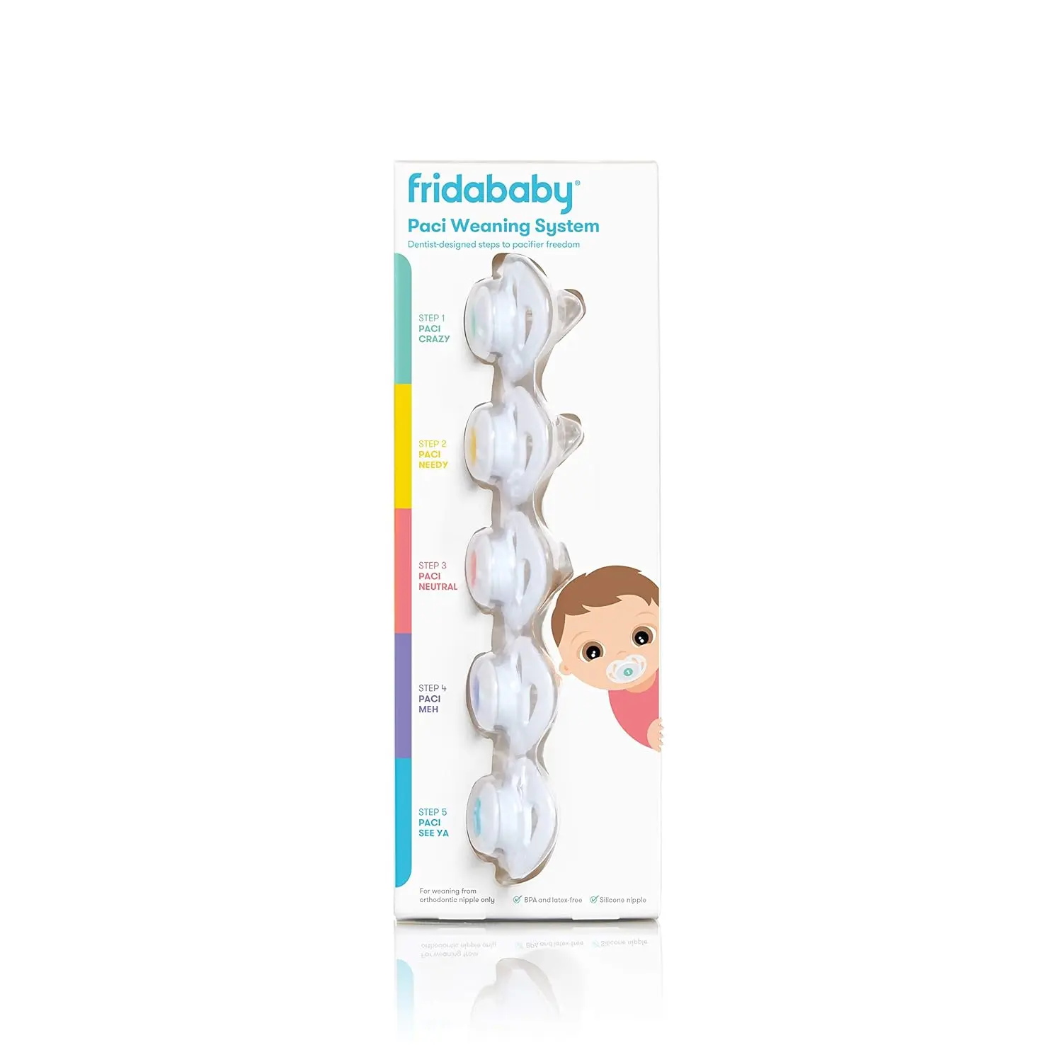 Frida Baby Pacifier Weaning System with a patented 5-step design to gradually reduce sucking satisfaction, invented by a pediatric dentist.