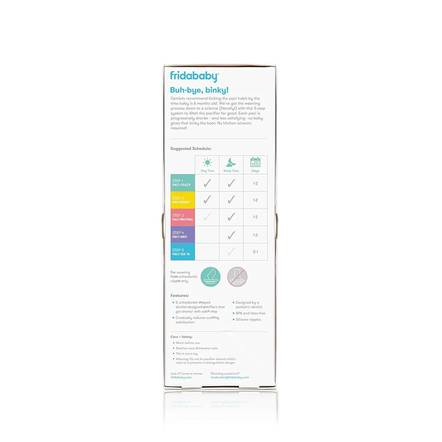 Frida Baby Pacifier Weaning System with a patented 5-step design to gradually reduce sucking satisfaction, invented by a pediatric dentist.