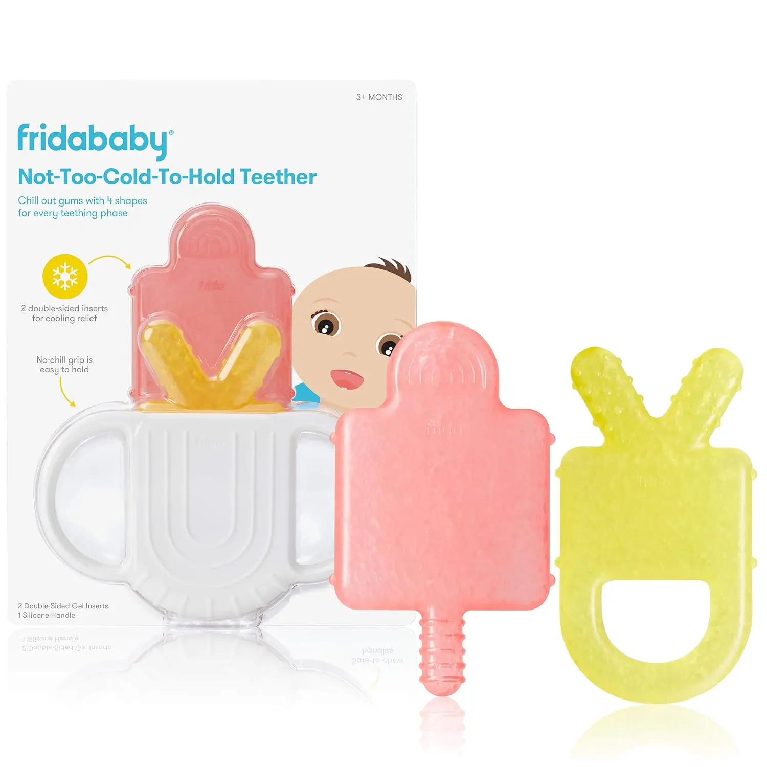 Frida Baby silicone teether with multiple textured surfaces provides safe, BPA-free teething relief for babies, featuring a room temperature handle.