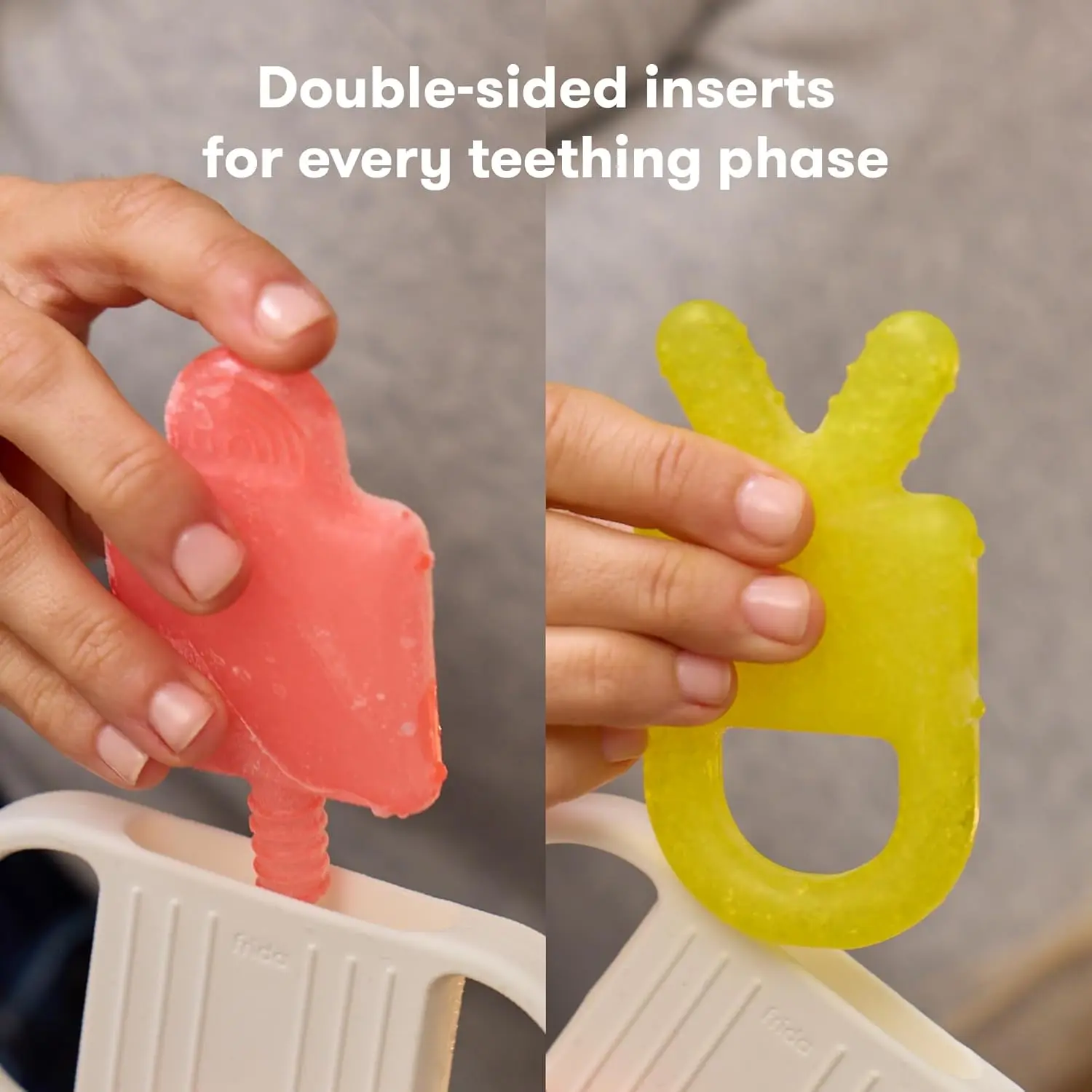 Frida Baby silicone teether with multiple textured surfaces provides safe, BPA-free teething relief for babies, featuring a room temperature handle.