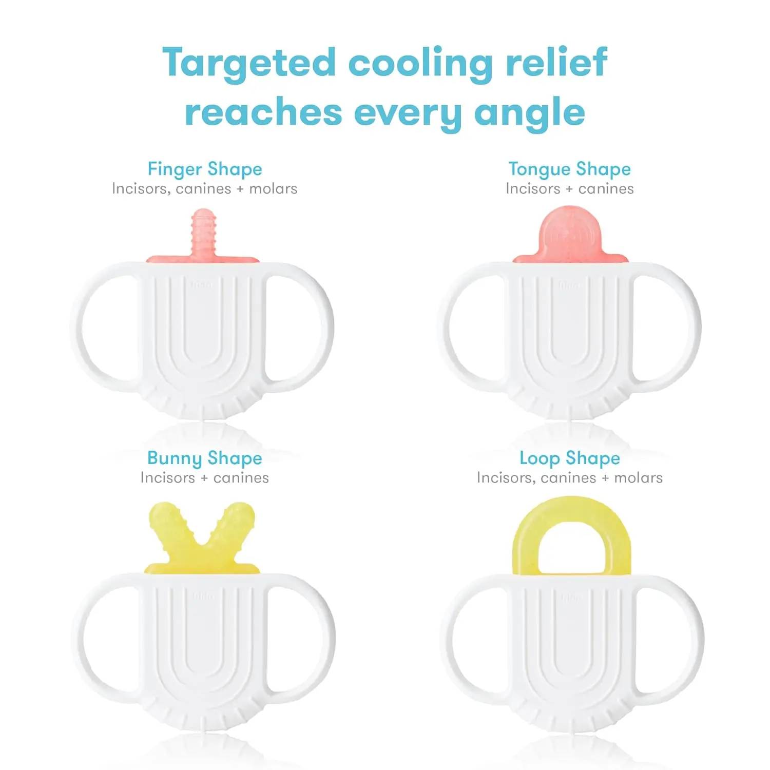 Frida Baby silicone teether with multiple textured surfaces provides safe, BPA-free teething relief for babies, featuring a room temperature handle.