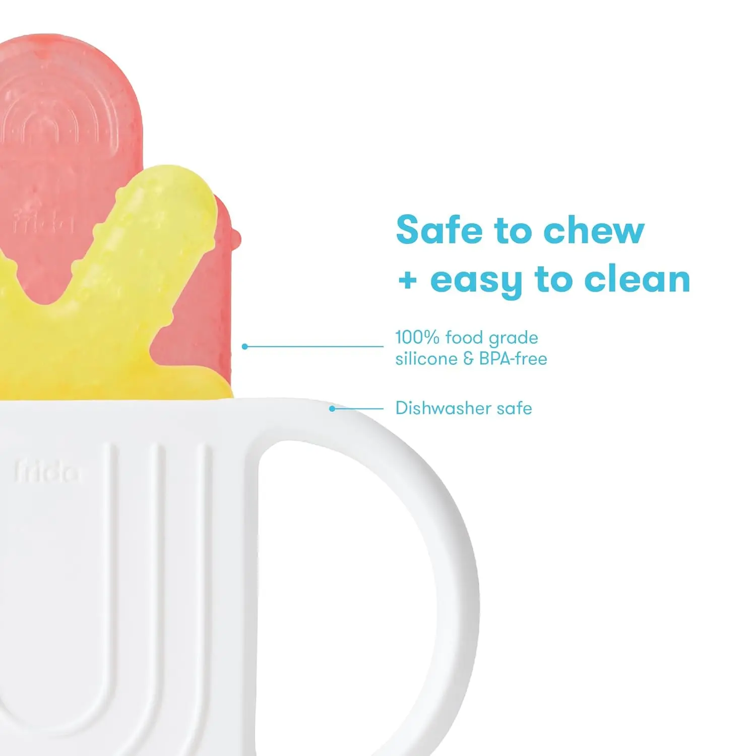 Frida Baby silicone teether with multiple textured surfaces provides safe, BPA-free teething relief for babies, featuring a room temperature handle.