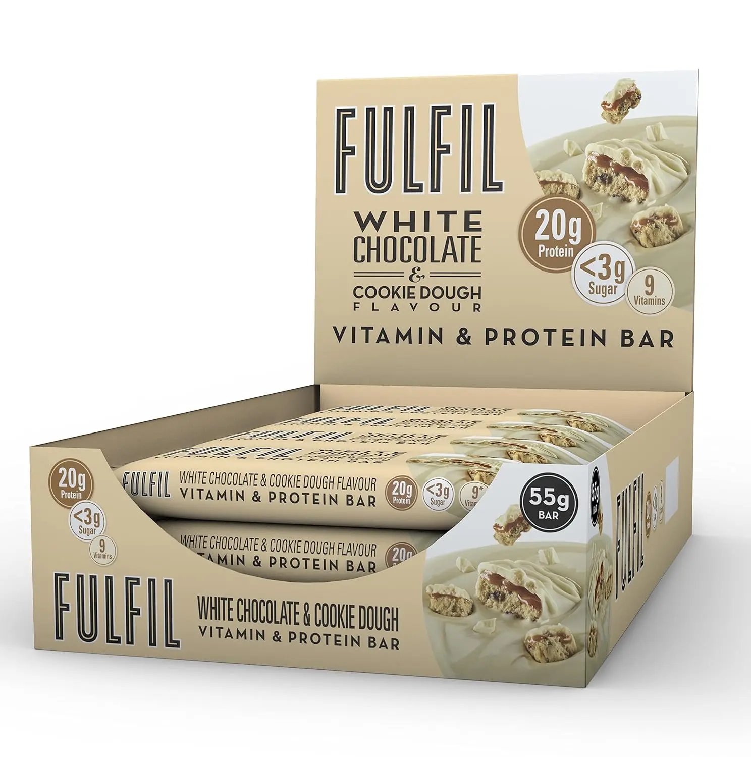 A box of FULFIL protein bars in white chocolate and cookie dough flavour, offering 20g of protein, 9 multivitamins and low sugar.