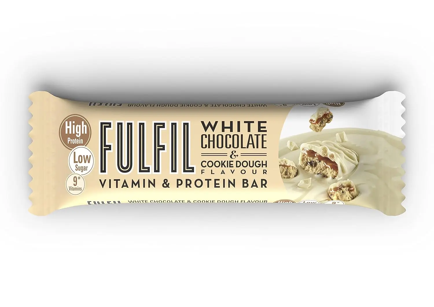 A box of FULFIL protein bars in white chocolate and cookie dough flavour, offering 20g of protein, 9 multivitamins and low sugar.