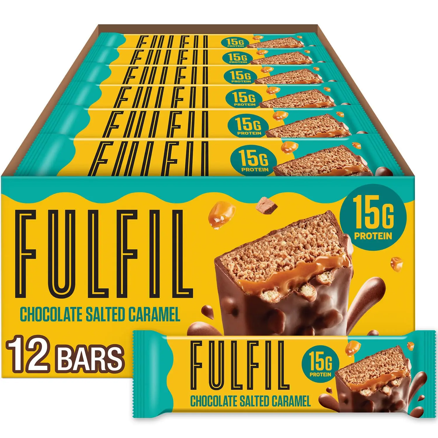 Indulge in a FULFIL Chocolate Salted Caramel protein bar packed with 15g of protein and vitamins, a delicious and gluten-free snack perfect for any time of day.