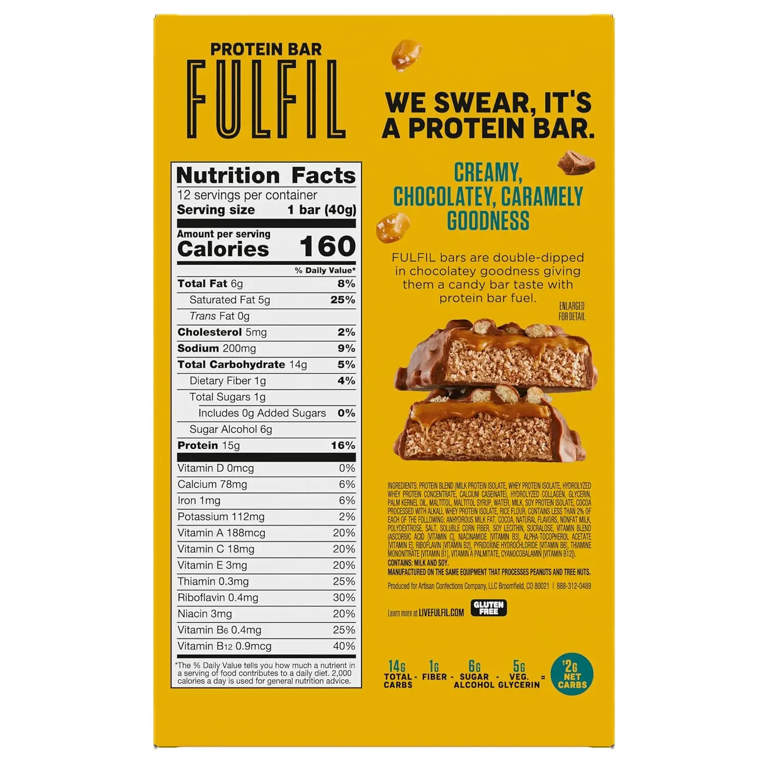 Indulge in a FULFIL Chocolate Salted Caramel protein bar packed with 15g of protein and vitamins, a delicious and gluten-free snack perfect for any time of day.