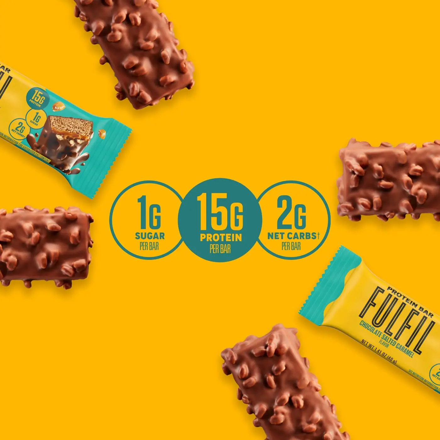 Indulge in a FULFIL Chocolate Salted Caramel protein bar packed with 15g of protein and vitamins, a delicious and gluten-free snack perfect for any time of day.