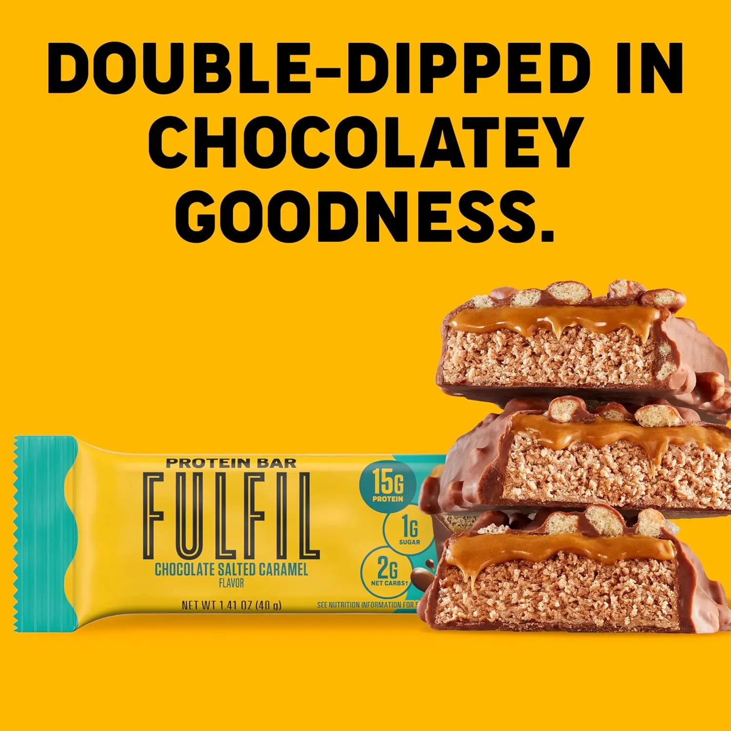 Indulge in a FULFIL Chocolate Salted Caramel protein bar packed with 15g of protein and vitamins, a delicious and gluten-free snack perfect for any time of day.