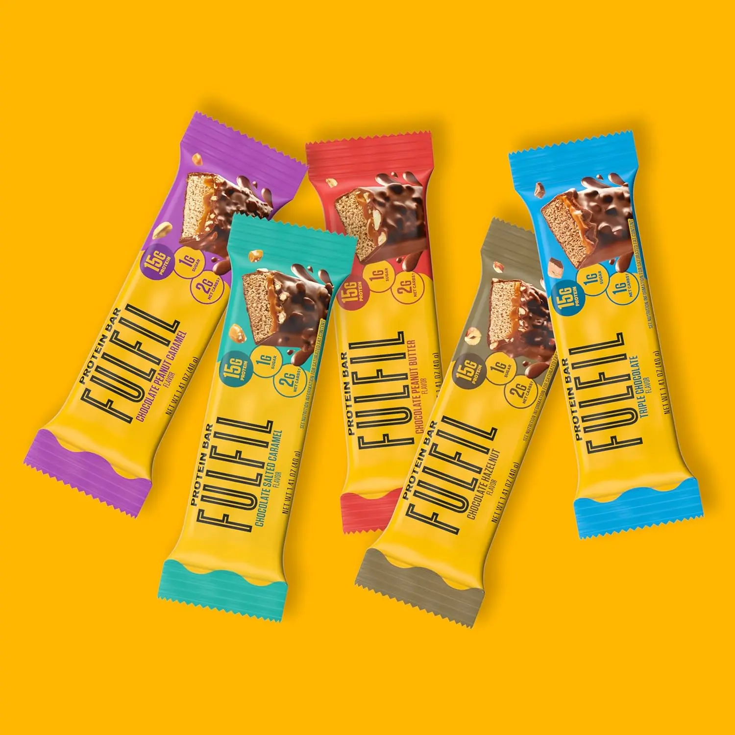 Indulge in a FULFIL Chocolate Salted Caramel protein bar packed with 15g of protein and vitamins, a delicious and gluten-free snack perfect for any time of day.