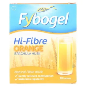 Fybogel Orange ispaghula husk drink for natural fibre, sugar and gluten free, comes in a box of 10 sachets.