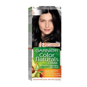Garnier Color Naturals Crème 1 Black hair dye provides 100% grey coverage and long-lasting, shiny, natural-looking color, enriched with olive, avocado, and shea oils to nourish all hair types.