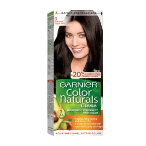 Garnier Color Naturals Crème 3 Dark Brown hair dye provides 100% grey coverage and long-lasting shiny, natural-looking color, enriched with olive, avocado, and shea oils for nourished hair.