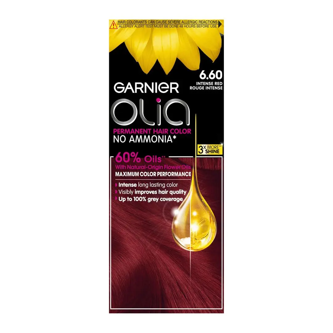 Garnier Olia 6.6 intense red permanent hair color provides up to 100% grey coverage and 2x more shine with a pleasant, ammonia-free, 60% oil-powered formula for intense, long-lasting color.