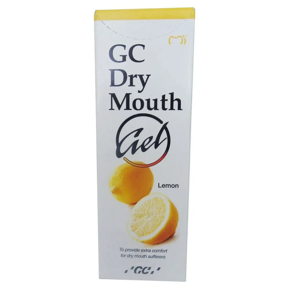GC Dry Mouth Gel for dry mouth relief, providing a protective coating suitable for denture wearers and children, with a neutral pH and lemon flavor.