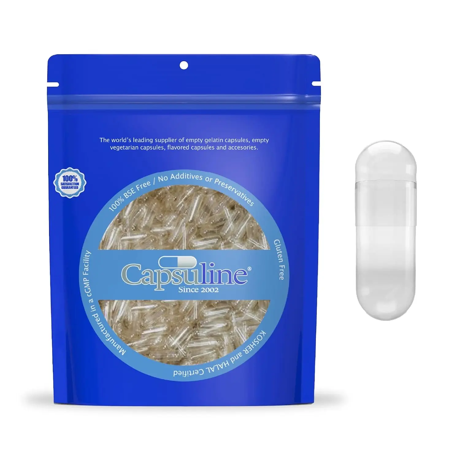 Ten thousand clear size 00 empty gelatin capsules, manufactured in cGMP certified facilities and Kosher and Halal certified, perfect for creating your own supplements.